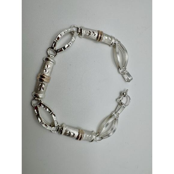 Designer Peruvian Sterling Silver 950 and 18K Gold Inlay Bracelet - 7.5” - Picture 3 of 6